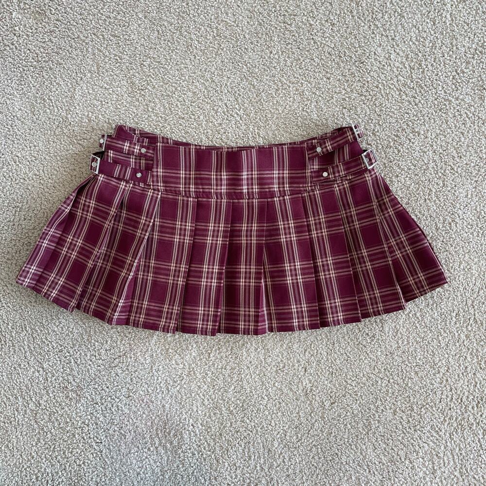 Vintage Y2K Red Maroon with side buckles Plaid Mini Skirt - size L